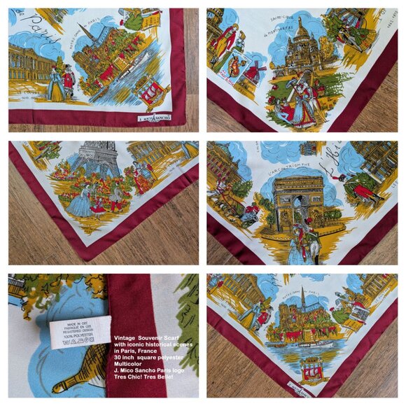 VTG Souvenir Scarf, Historical scenes in Paris, France, 30" square polyester - Picture 16 of 16